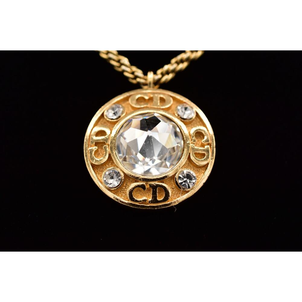 Christian Dior Vintage Crystal Logo Pendant Necklace Gold CD Signed 1980s BinBM